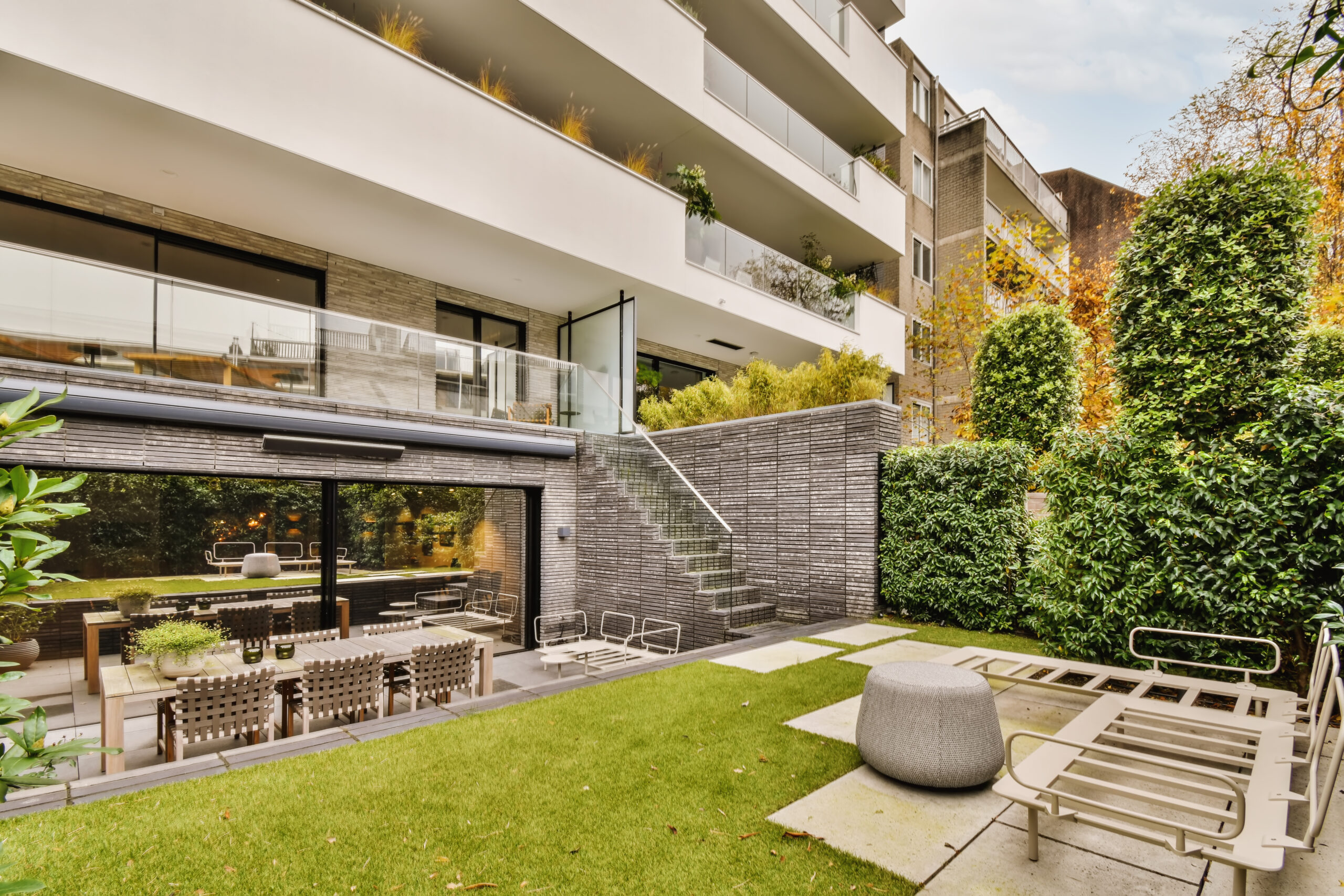 Modern residential apartment building with landscaped courtyard